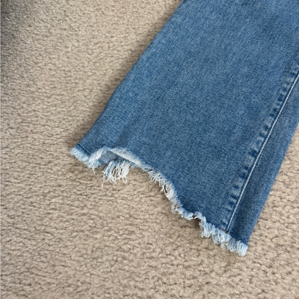 LOFT Medium Wash Blue Flare Jeans with Raw Hem - Picture 5 of 8